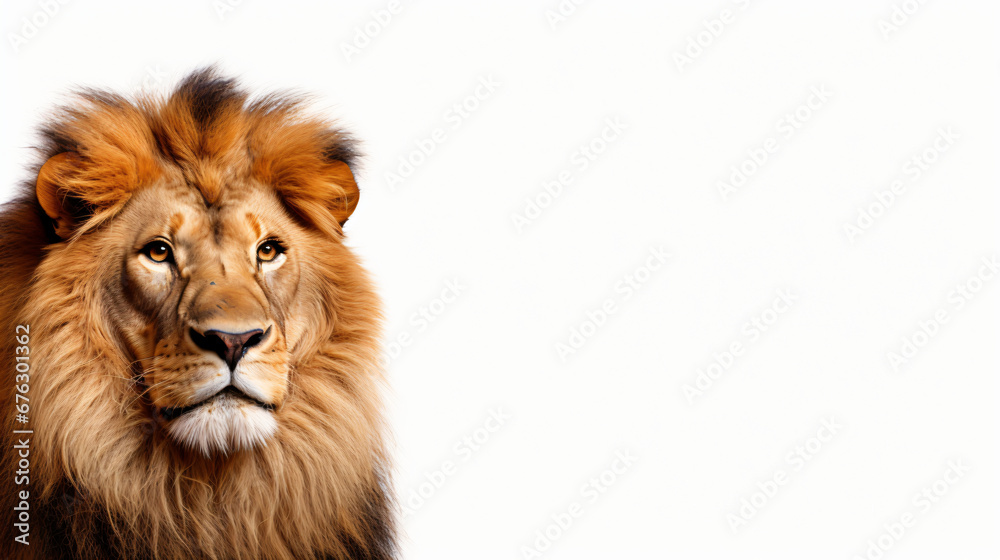 A close-up studio image highlighting the intensity of a lion's gaze, set against a simple white background, ensuring a clean and powerful visual suitable for presentations or promotional materials