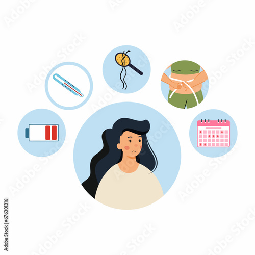 Sad woman with signs of polycystic ovaries. Symptoms of menopause. Illustration on topic of gynecology and women health.