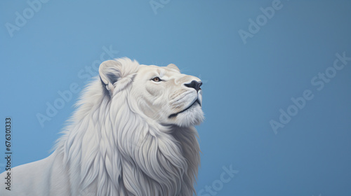 A hyperrealistic portrayal of a majestic white lion  every detail meticulously rendered  set against a tranquil single-tone blue background  creating a studio-quality image 