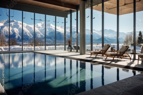 the resort s indoor pool area  with large windows offering panoramic views of snow-covered mountains  providing guests with a luxurious and relaxing escape