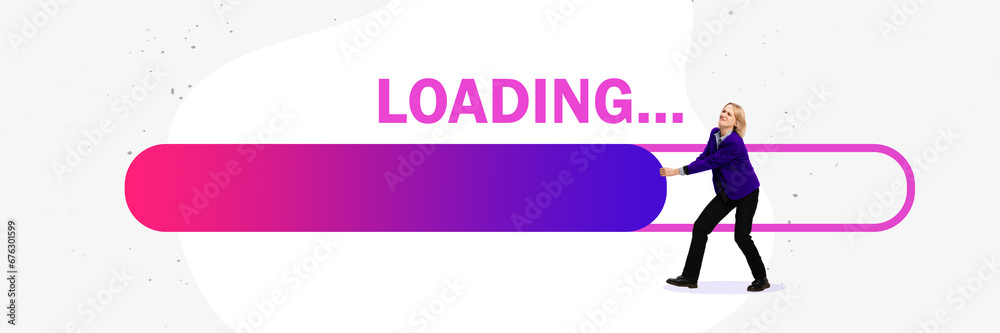 Banner. Contemporary art collage. Modern creative artwork. Confident and motivated woman trying to move, speed up loading line. Banner. Contemporary art collage. Modern creative artwork. Confident and motivated woman trying to move, speed up loading line.