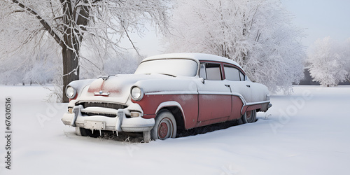 Overcome by Winter stock photo car Winter Photo Covered With Snow and snowny white trees on background Ai Generative 
