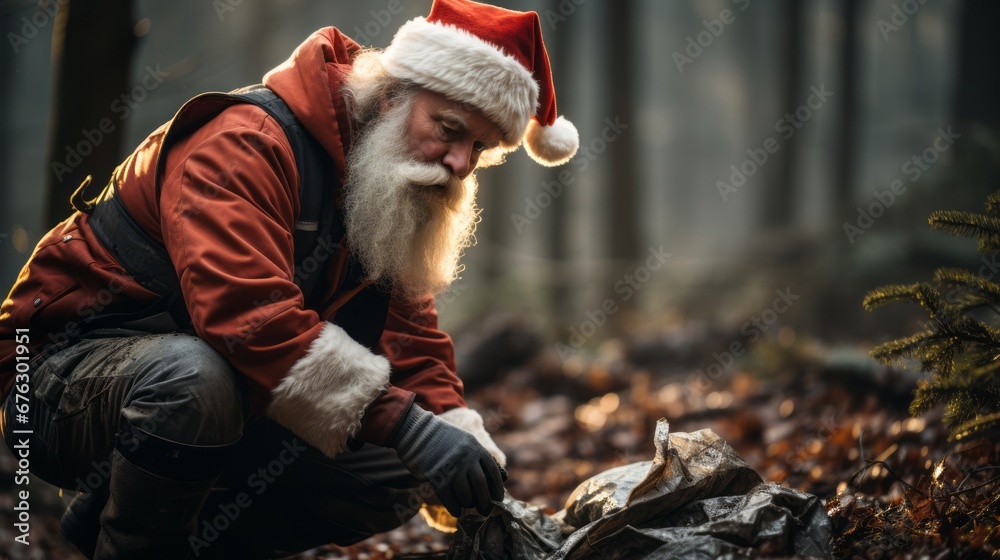 Santa Claus picking up garbage in the forest saving environment