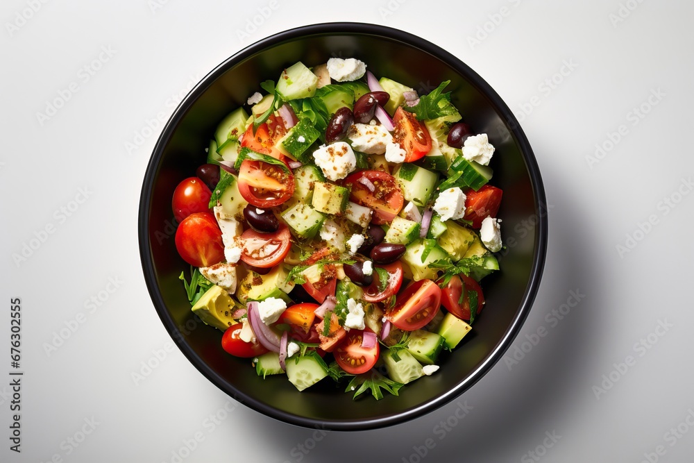 Diet menu. Healthy salad bowl of fresh vegetables, tomatoes, avocado, arugula, radish and seeds on a bowl. Vegan food. Flat lay. Banner. Top view, White background Diet menu. Healthy salad bowl of fresh vegetables, tomatoes, avocado, arugula, radish and seeds on a bowl. Vegan food. Flat lay. Banner. Top view, White background