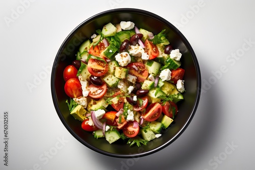 Diet menu. Healthy salad bowl of fresh vegetables, tomatoes, avocado, arugula, radish and seeds on a bowl. Vegan food. Flat lay. Banner. Top view, White background