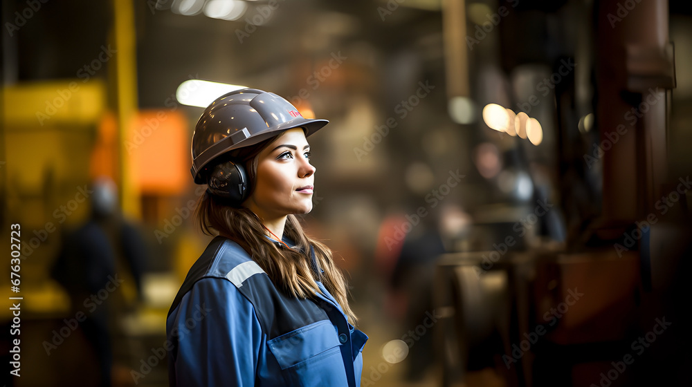 A worker in a vehicle factory wearing protective clothing and headphones. A worker in a vehicle factory wearing protective clothing and headphones.