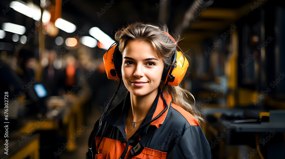 A worker in a vehicle factory wearing protective clothing and headphones. A worker in a vehicle factory wearing protective clothing and headphones.