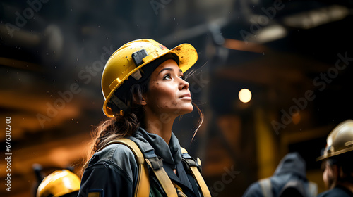 A female worker at a steel company in work clothes and a hard hat. Space for text.