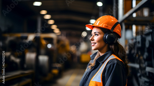 A female worker at a steel company in work clothes and a hard hat. Space for text.