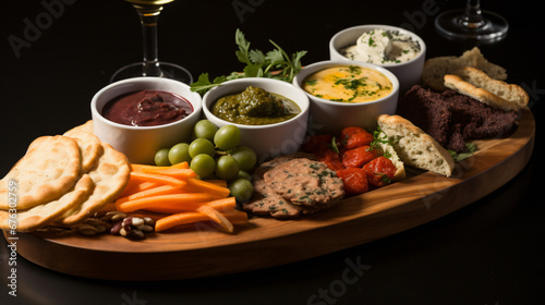 Starter platter with dips and red wine