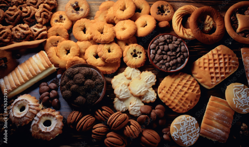 still life of cookies with chocolate on a wooden table, dark background, delicious pastries still life of cookies with chocolate on a wooden table, dark background, delicious pastries