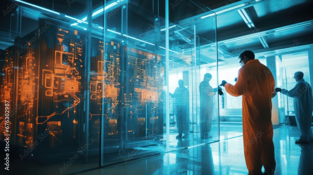 Fototapeta premium Data scientists work in a modern office of a technology company on the development of a quantum computer. Science, technology, big data and blockchain concept.