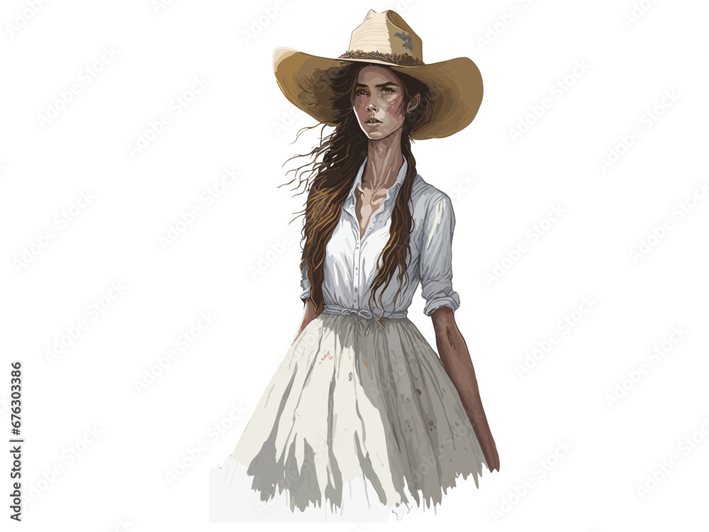 Watercolor Countryside Girl With Cowboy Hat, in a wheat field, Clip Art.
