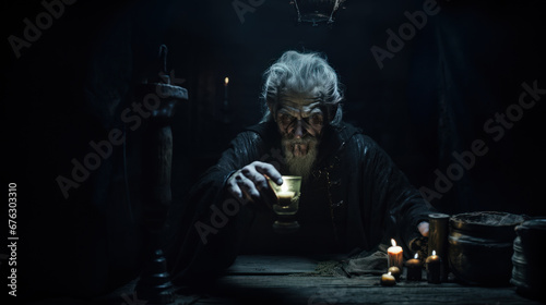 Evil wizard or alchemist making the witchcraft in a dark and scary dungeon. Halloween image. photo