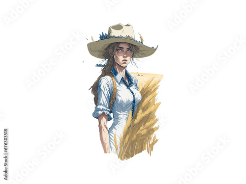 Watercolor Countryside Girl With Cowboy Hat  in a wheat field  Clip Art. 