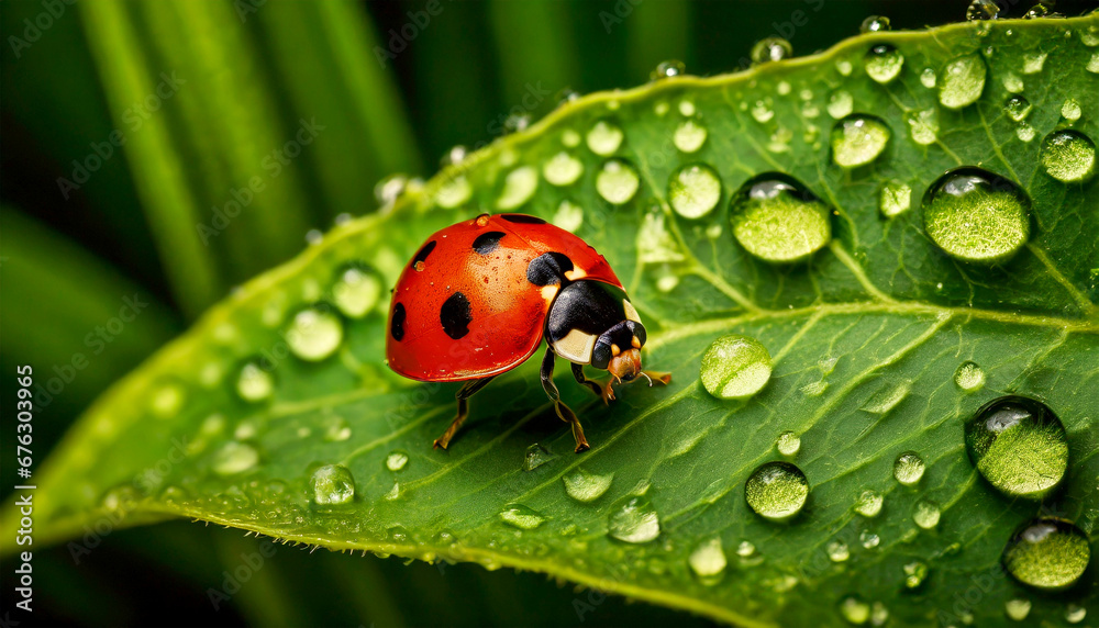 Fototapeta premium Macro photography of a red ladybug with black dots above a green leaf with dew drops.