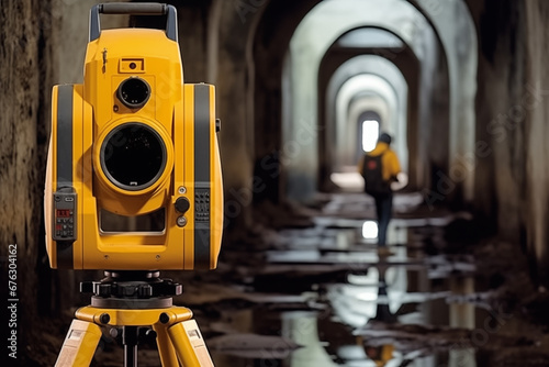 The construction of the tunnel Survey engineers use theodolite Total Station, robotic total station or 3D Laser Scanner. photo