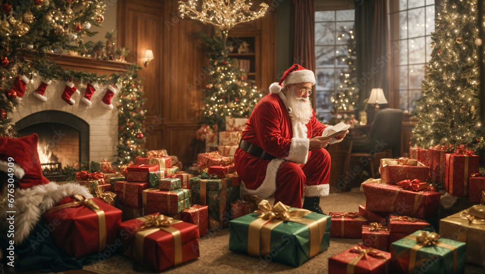 Festive celebration with Santa Claus placing the gift boxes and tree decoration.