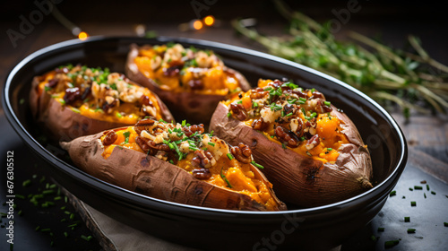 Stuffed sweet potato in a baking dish