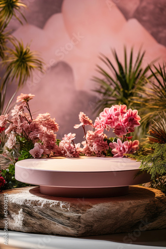 Flowers on pink background, product display podium for natural product. Circular shape base on stone.