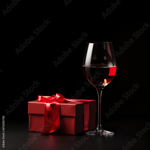 One glass with red wine and gift box on dark background