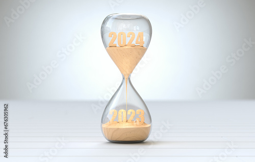 New Year 2024, The time of 2023 is running out in the hourglass.