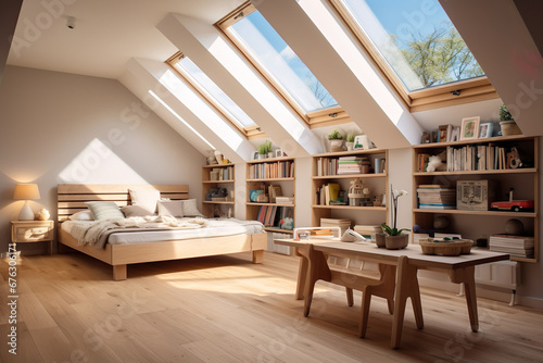 Child's room in the attic in simple style and minimalist decor. Large windows