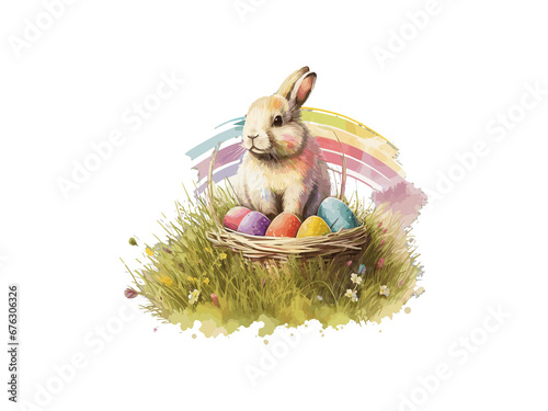 Watercolor Easter Bunny with Basket Egg

