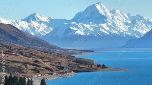 Majestic mountain peak of Mount Cook and Lake Pukaki lookout, popular tourist spot in New Zealand. photo