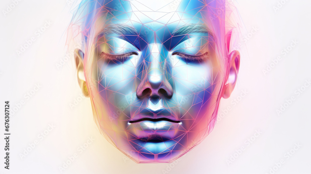 Poly, abstract, digital woman face on a white background for design, 3D render or art. Face, plexus design and connection points for science, network and artificial intelligence concept