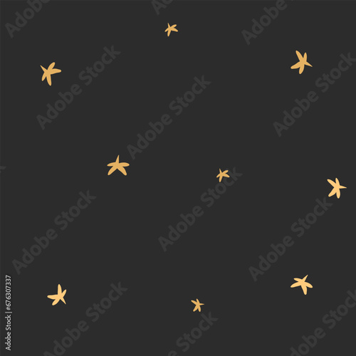 Hand drawn vector abstract seamless pattern with simple minimalistic stars isolated on black background.Design for wrapping paper,fabric,journaling,decoration,greeting.Happy winter holidays concept.