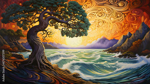 A twirled landscape seascape  bold colors  twisted green trees  fluid waters  swirling sky  sun on horizon - generated by AI