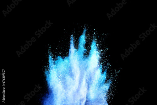 Freeze motion of blue color powder explosion splash on black background