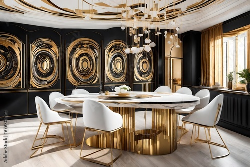 A stunning white, black, and golden dining table with smart features and hidden compartments, situated in an artfully designed dining area with abstract, colorful patterns on the walls.