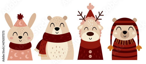 Winter animals clipart with cute deer, bears and rabbit in cartoon flat style. Christmas animals. vector illustration