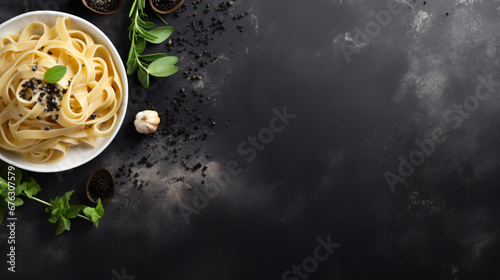 Tasty fettuccine with truffle served on grey table