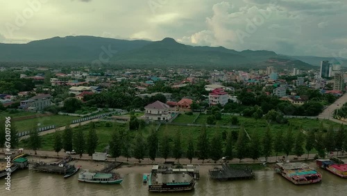 Wallpaper Mural drone view of river boats and the buildings in Kampot Province, Cambodia.  Torontodigital.ca