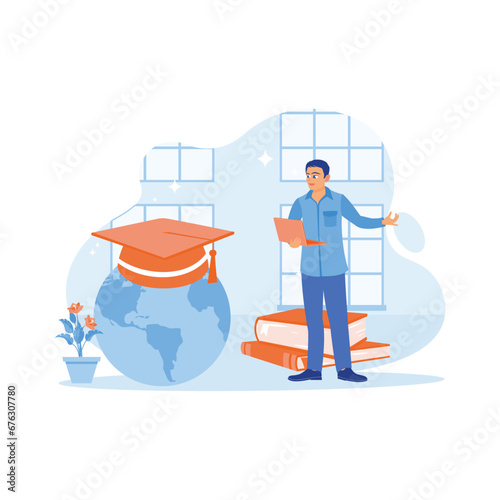 Students graduated from educational studies abroad. International conceptual. Graduation hat over globe map. Education concept. trend modern vector flat illustration