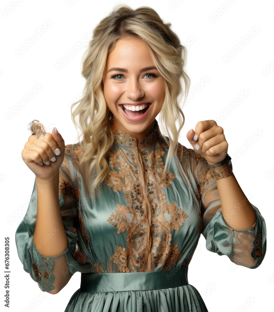 Obraz premium Beautiful Stunning classy blonde girl ecstatic with happy surprise, hand shows gesture, smiling and laughing wearing in an expensive evening dress