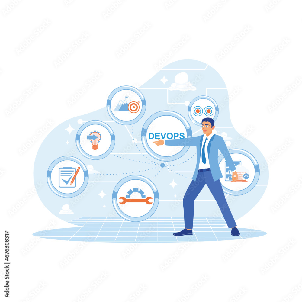 Computer expert touches DEVOPS button on virtual screen. Agile Software Concepts DevOps Development Operations. DEVOPS icon on the screen. APP devs concept. trend modern vector flat illustration Computer expert touches DEVOPS button on virtual screen. Agile Software Concepts DevOps Development Operations. DEVOPS icon on the screen. APP devs concept. trend modern vector flat illustration