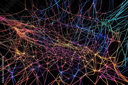 A neon web of abstract connections, each strand a different glowing color