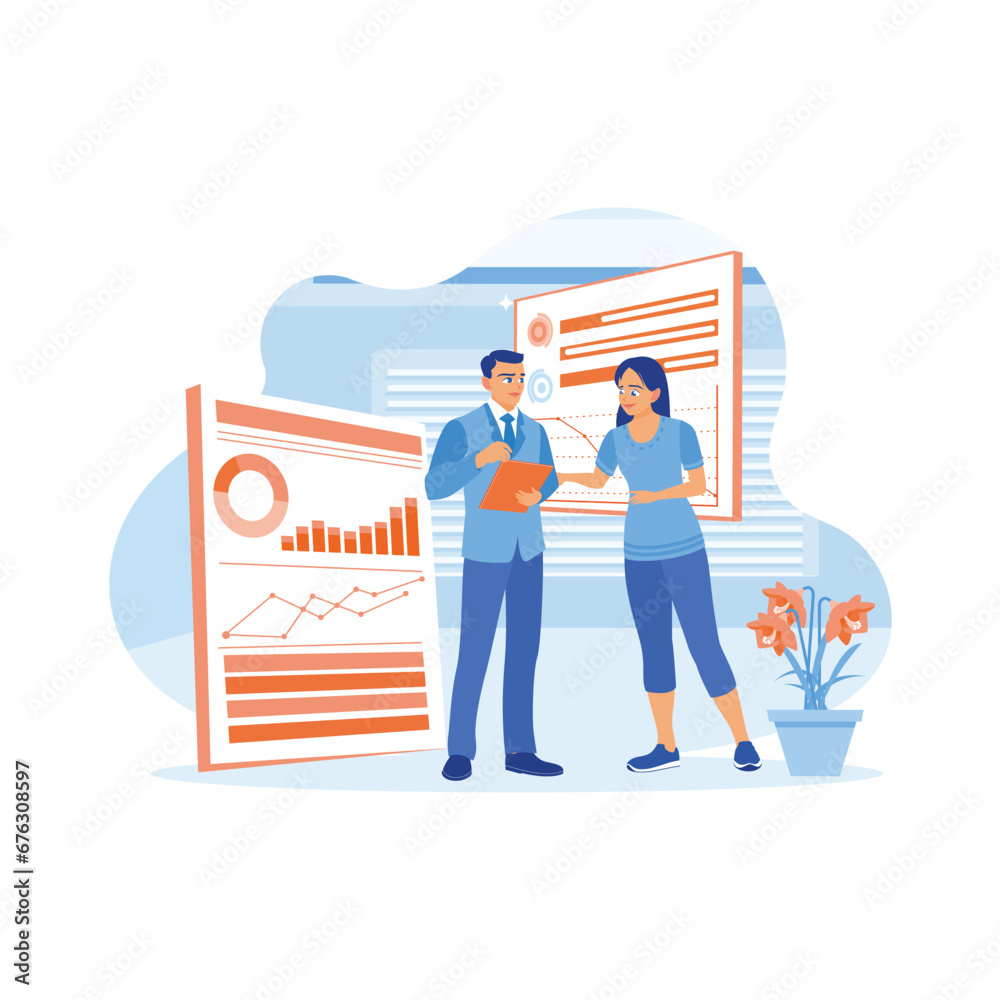 A businessman uses a digital tablet to discuss project details with a female coworker. Work in a modern, diverse office. Software developers concept. trend modern vector flat illustration A businessman uses a digital tablet to discuss project details with a female coworker. Work in a modern, diverse office. Software developers concept. trend modern vector flat illustration