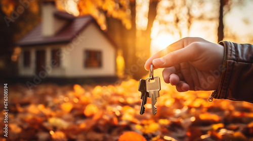 Close up of child hand holding key in front of house with autumn leaves