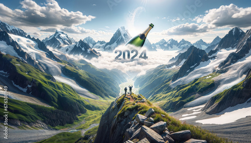 Mountains landscape, hiking and success new year 2024 concept, champaign photo