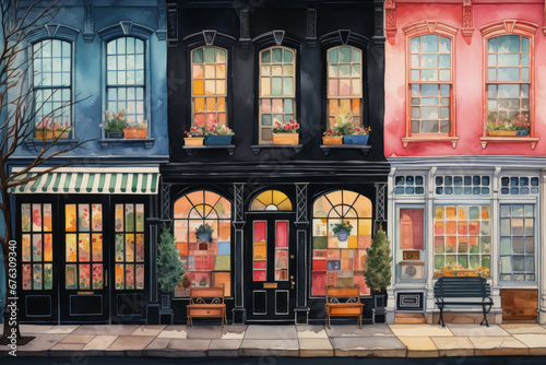 A charming watercolor illustration of store windows adorned with Black Friday promotions, inviting customers to shop with vibrant colors. photo