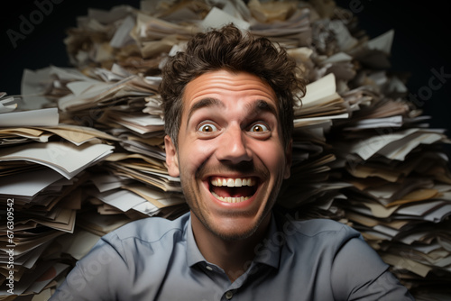 Humorous Scene of Work and Stress, Portrait of an Employee with Documents