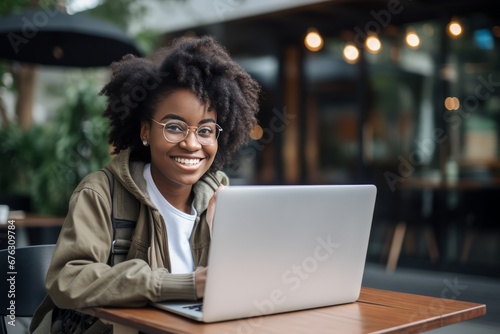 Young woman working on laptop, student or freelancer with a computer at a table, portrait shot, AI generative