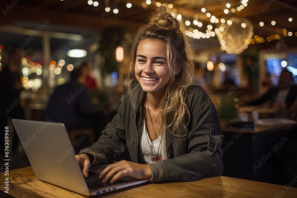 Young woman working on laptop, student or freelancer with a computer at a table, portrait shot, AI generative Young woman working on laptop, student or freelancer with a computer at a table, portrait shot, AI generative
