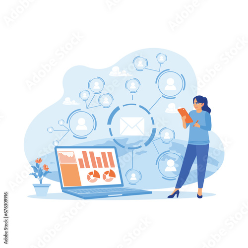 The marketing team is standing holding cell phones and pens. Analyzing email and SMS marketing concepts and checking client lists for mailings. Marketing concept. trend modern vector flat illustration