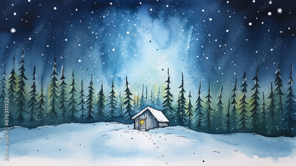 Winter landscape with village cabin and fir trees in snow in watercolor style. Holiday digital watercolor illustration for design on Christmas and New Year card, poster or banner - obrazy, fototapety, plakaty 